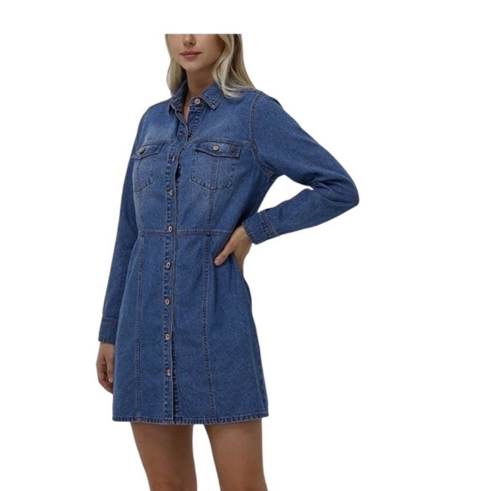 Frye Long Sleeve Denim Mini Dress Rose Gold Hardware Size Small EUC